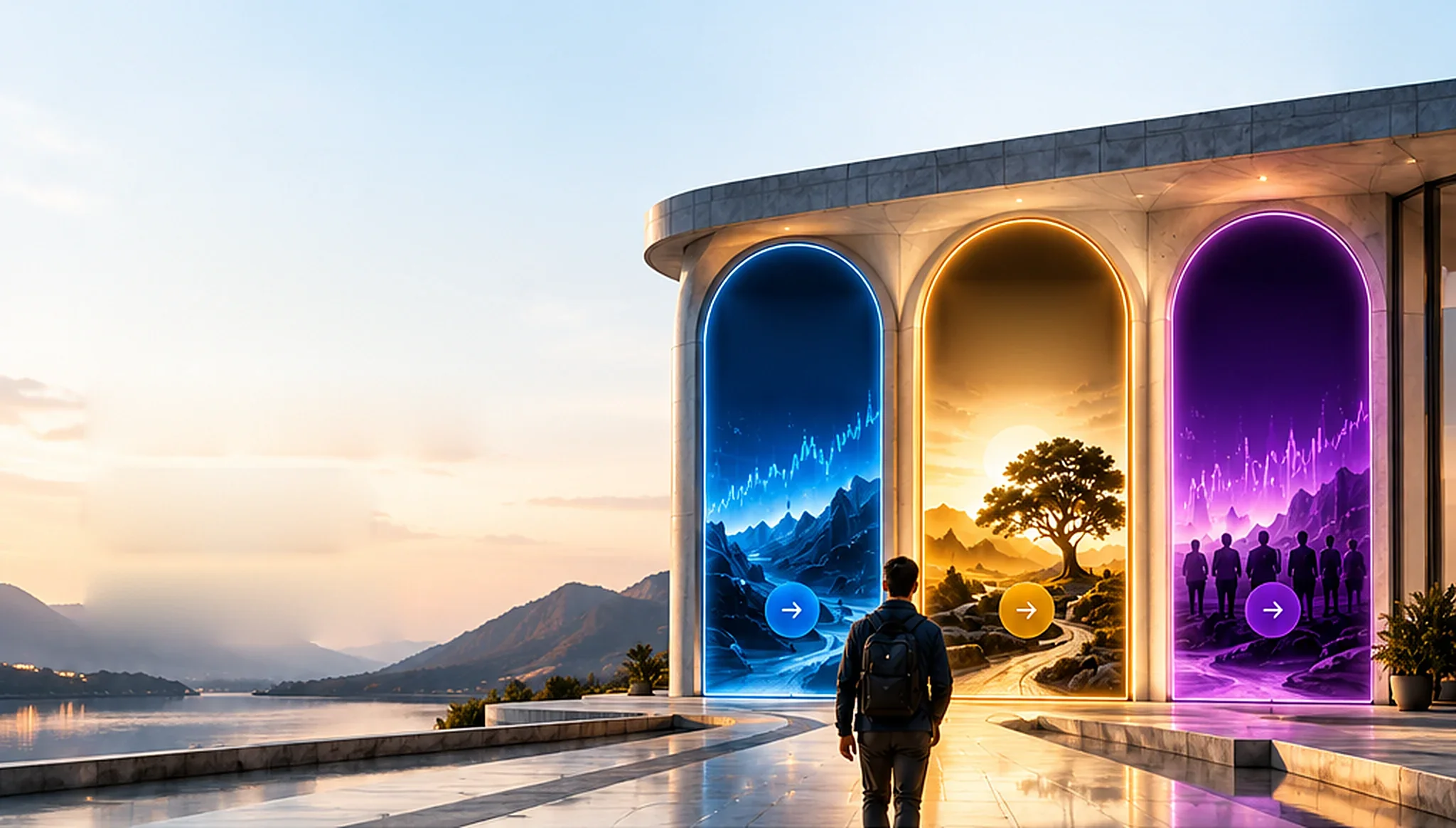 Three illuminated gateways — Trade, Grow and Follow — at sunrise